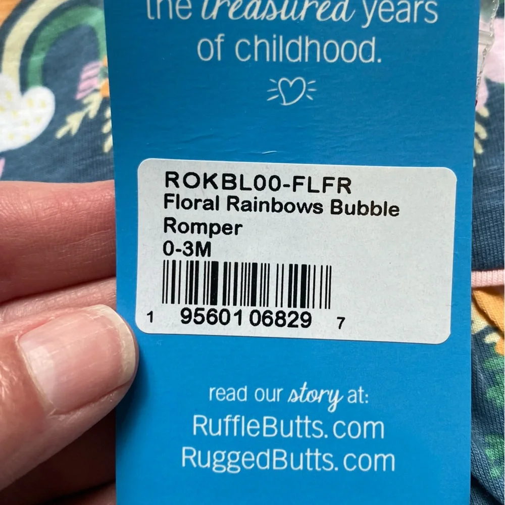 NWT RuffleButts Dark Blue & Pink Floral Rainbows Ruffles Bubble Romper, 0-3M